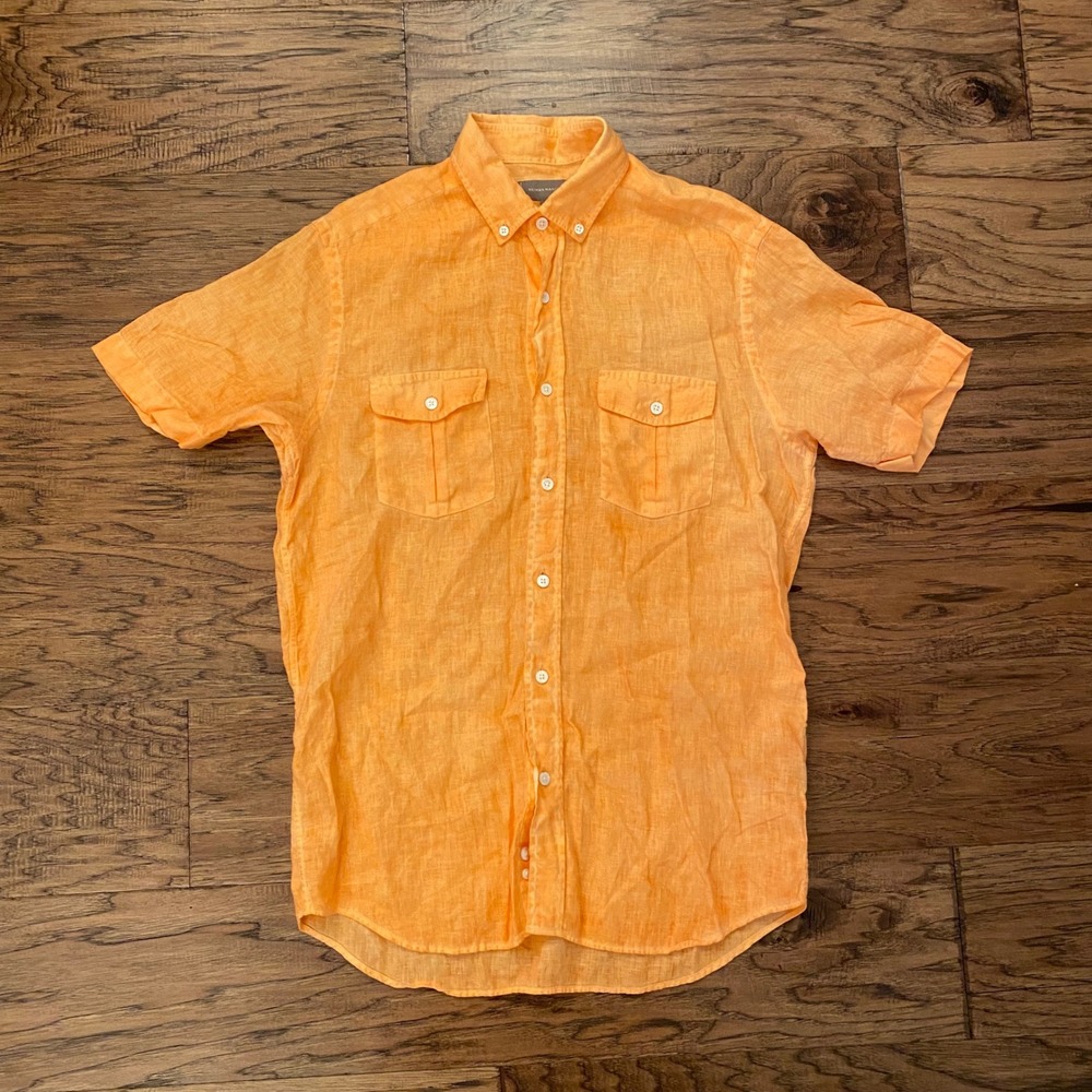 Neiman Marcus Linen Button Down Shirt Mens Small Orange Short Sleeve Pocket